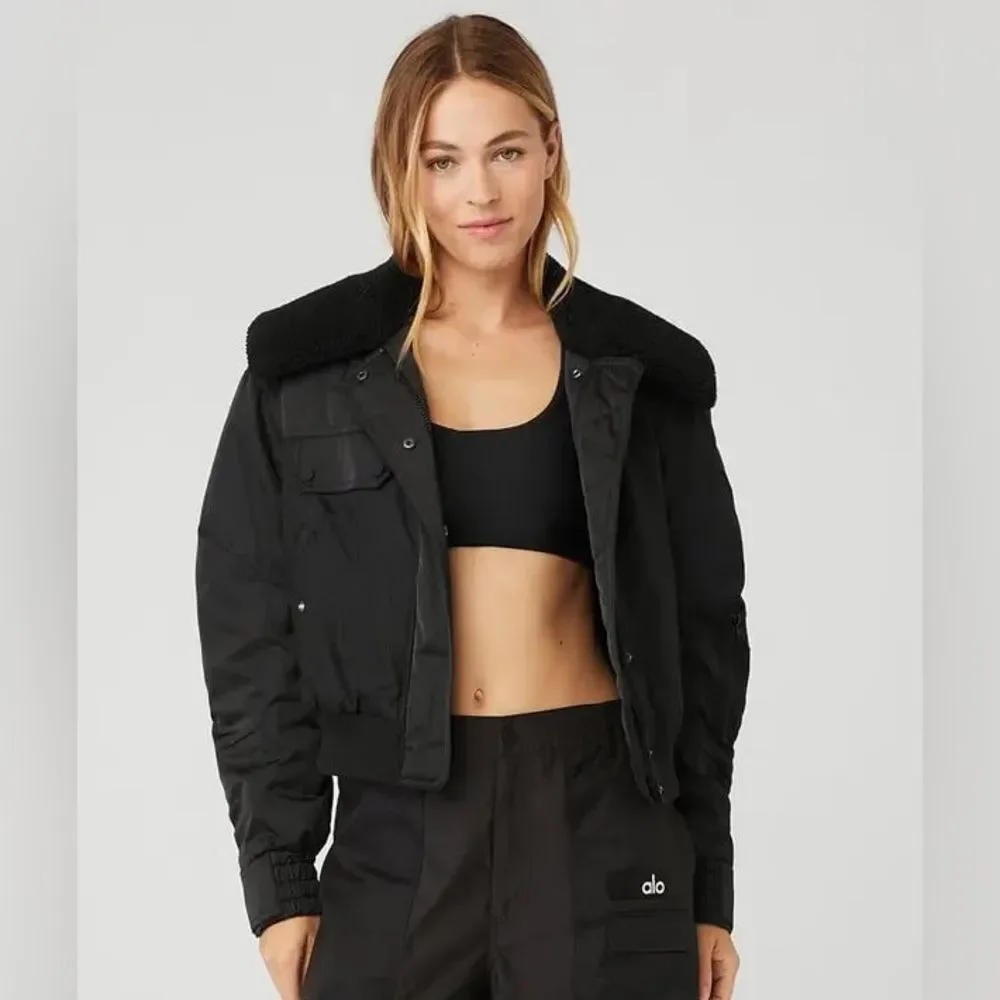 Alo Blaze Bomber Jacket Black Large Ripstop Sherpa Collar
